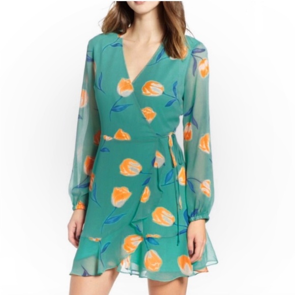 All in Favor Dresses & Skirts - All In Favor Sheer Long Sleeve Mini Floral Tulip Wrap Dress